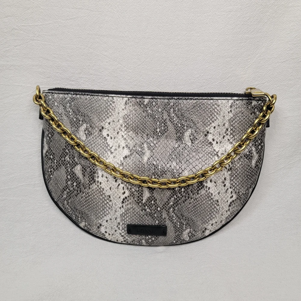 Fossil Gray Snakeskin Print Half Moon Clutch Bag Shoulder Purse Gold Chain MCM - Picture 2 of 9